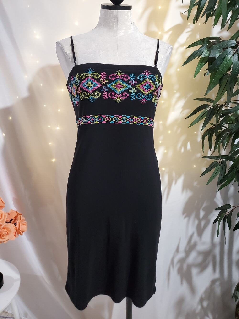 Vtg City Studio 90s Y2K Embroidered Neon Aztec Slinky Stretch Dress Size S Black